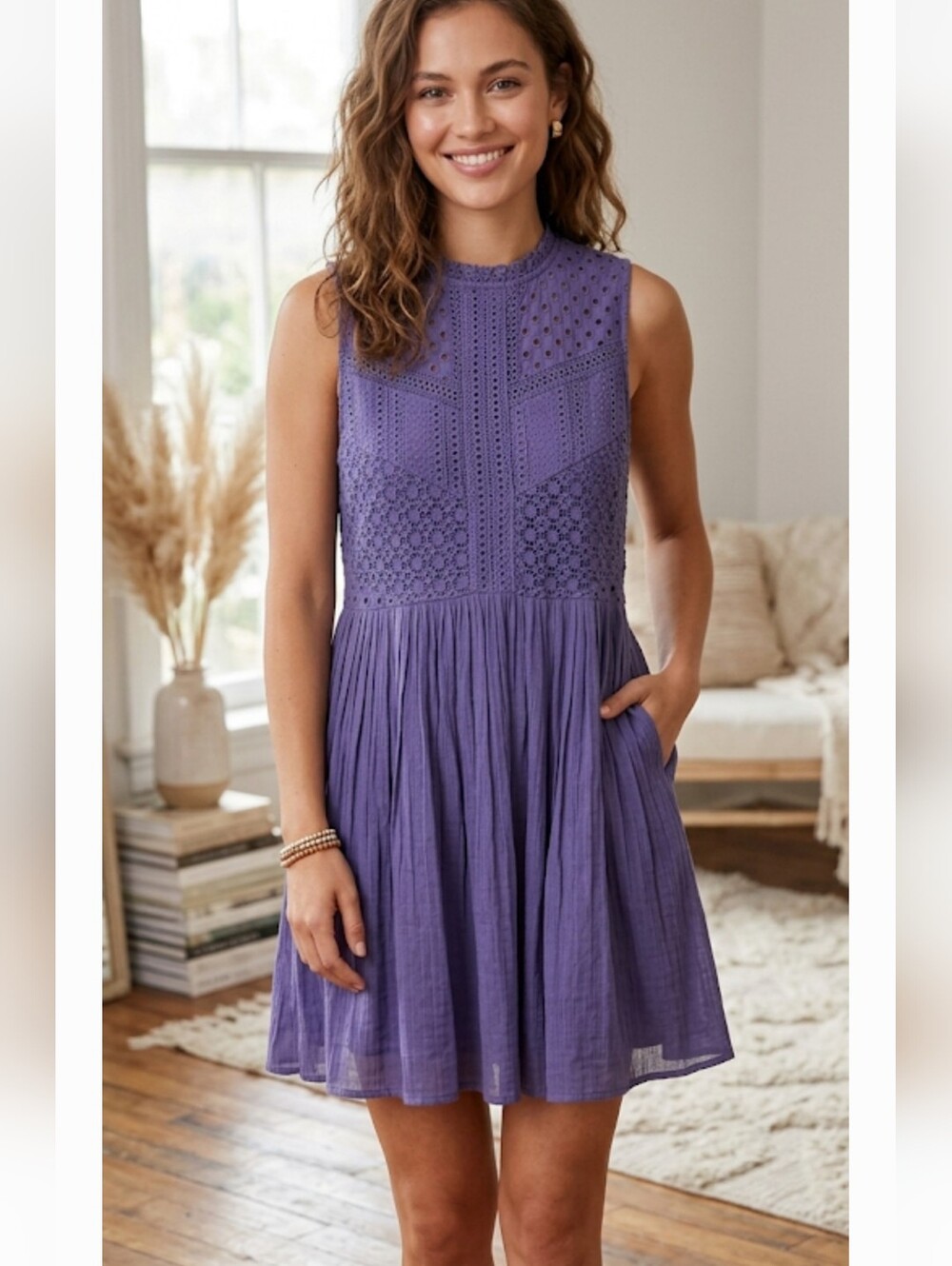 Umgee Periwinkle Crochet Bodice Lined Mini Gauzy Dress With Keyhole Back